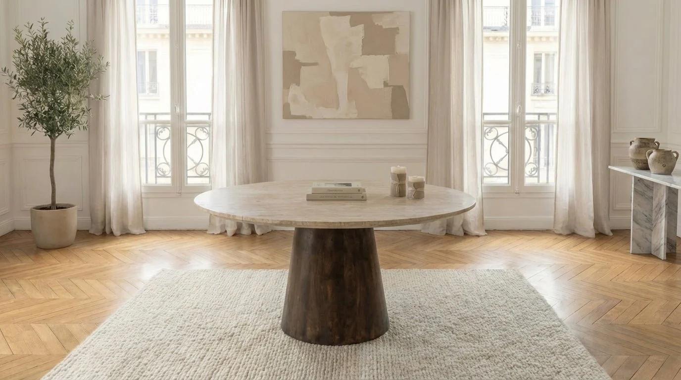 Table à manger ronde AIKIN travertin Ø130 cm – Bois de manguier - vue 2
