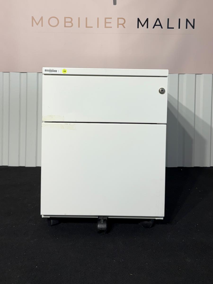 Caisson de bureau mobile 2 tiroirs blanc avec serrure et roulettes
