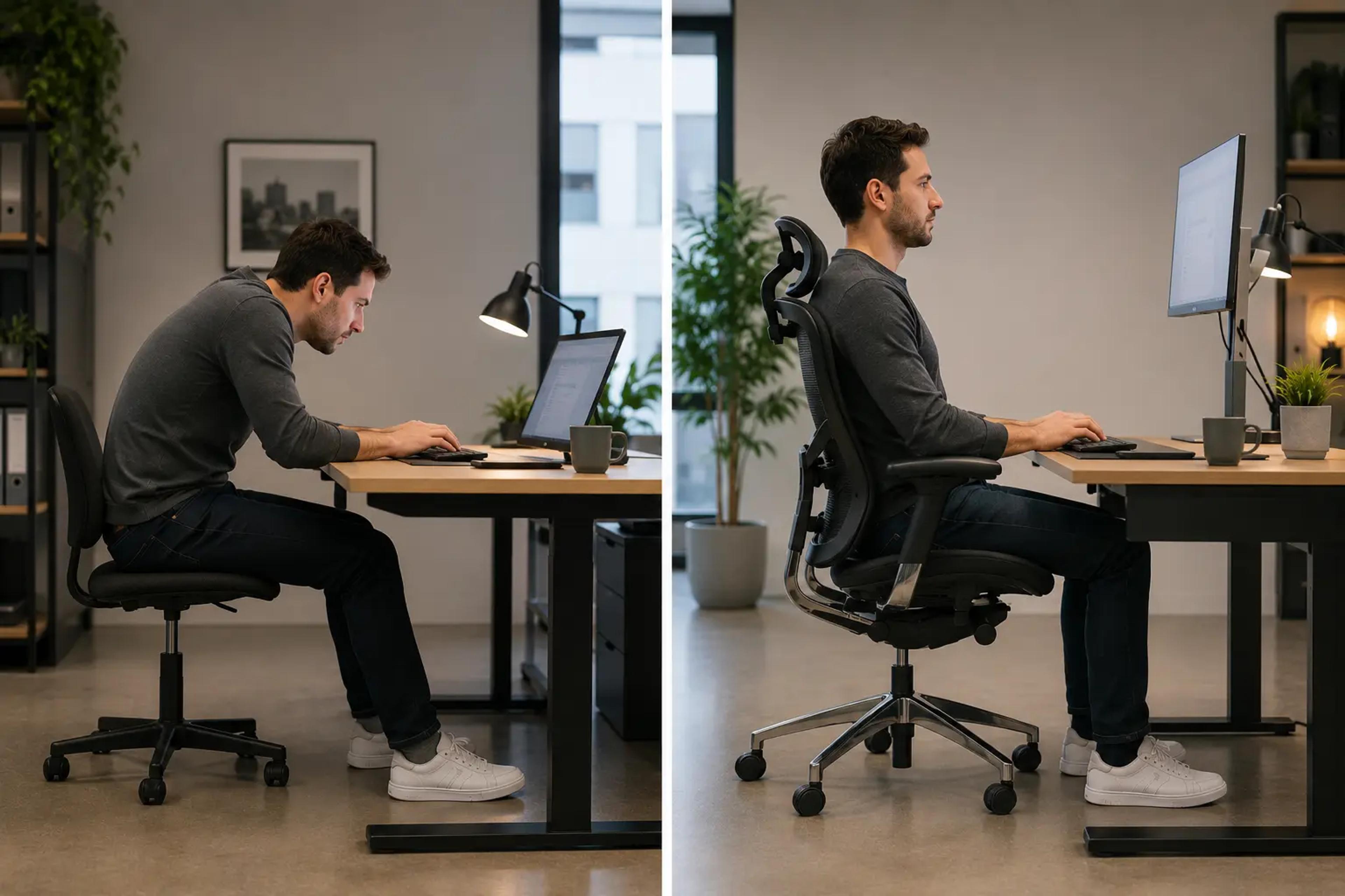 Personne assise avec le dos arrondi devant un ordinateur, comparée à une posture correcte avec un fauteuil ergonomique.