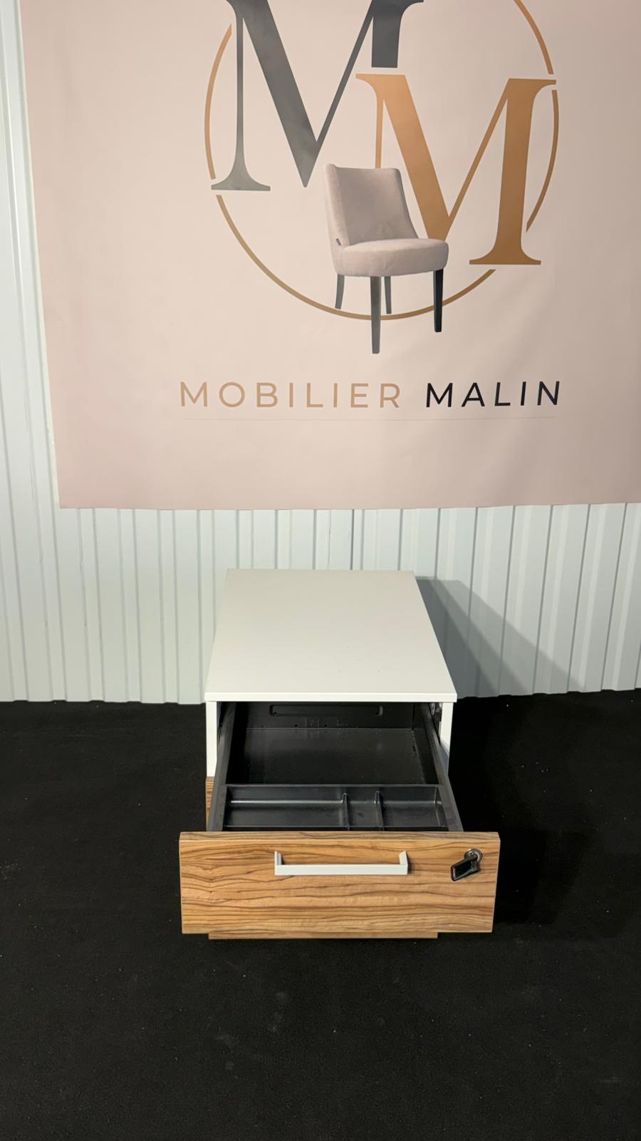 Caisson de bureau 2 tiroirs blanc et bois Zébrano avec serrure - vue 2