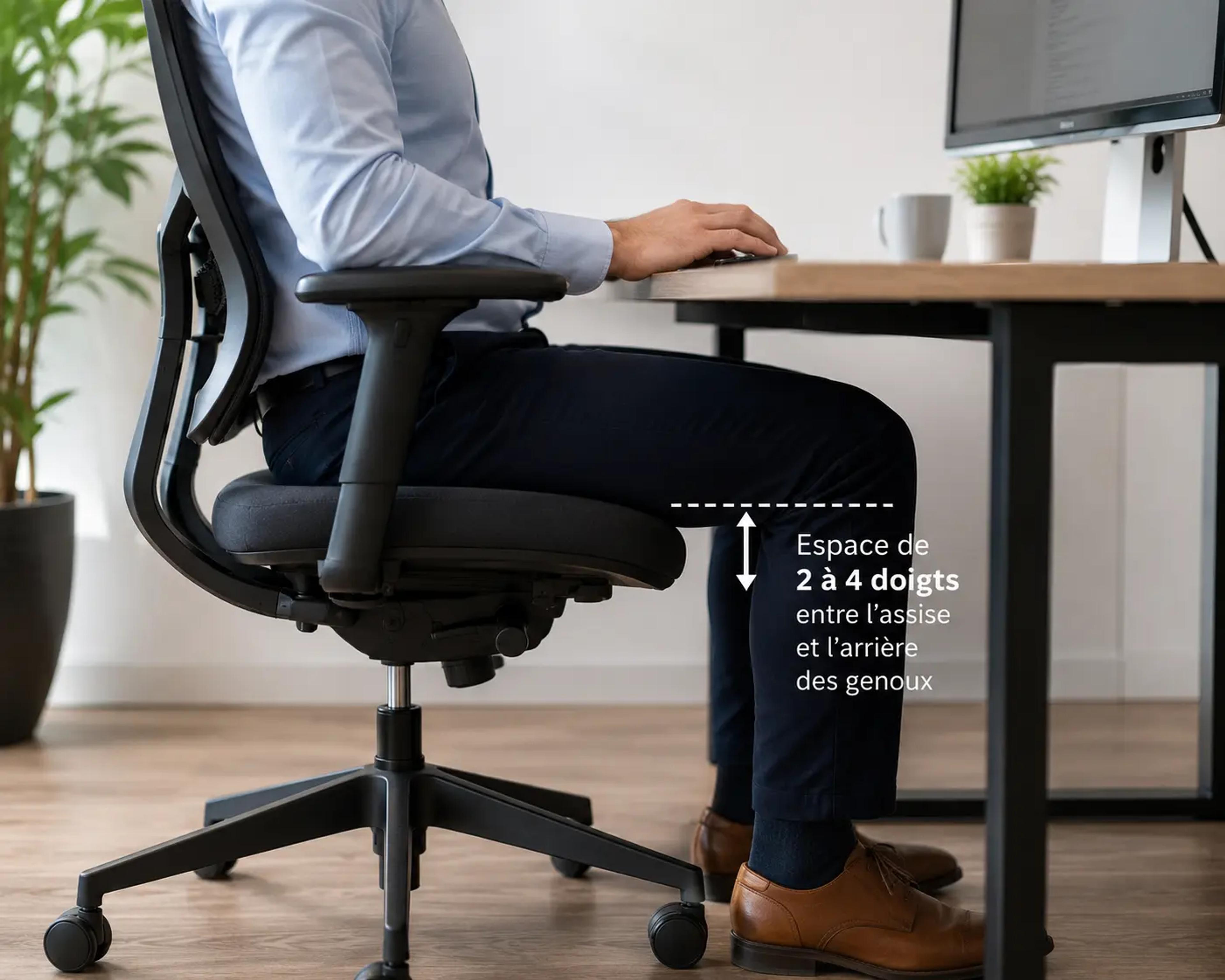Réglage de la profondeur d'assise sur un fauteuil de bureau ergonomique.
