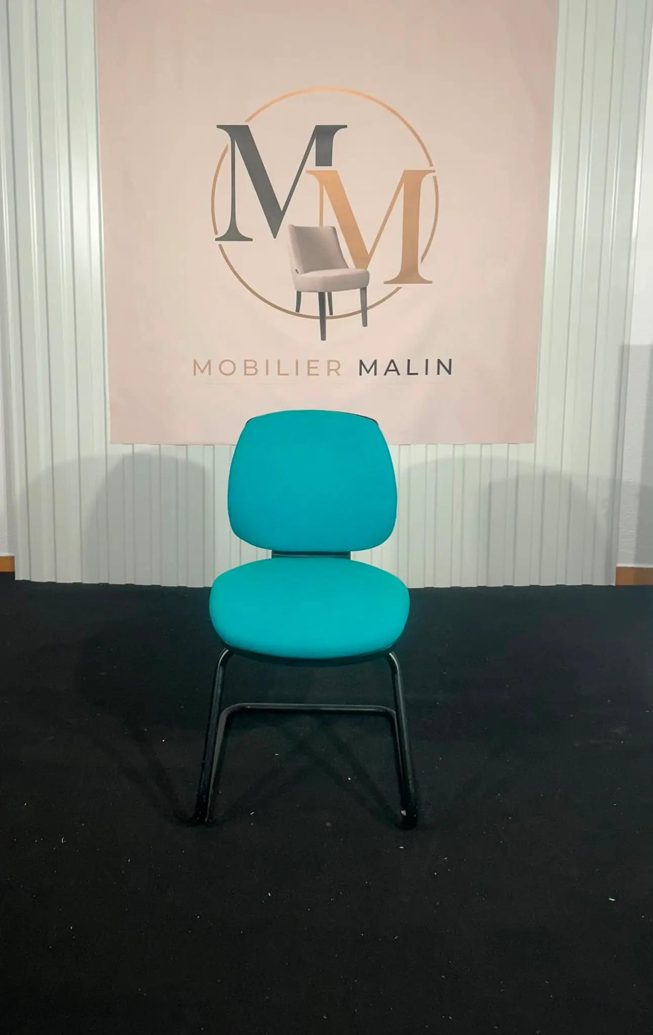 Chaise visiteur à piètement luge en tissu turquoise rembourré - vue 2