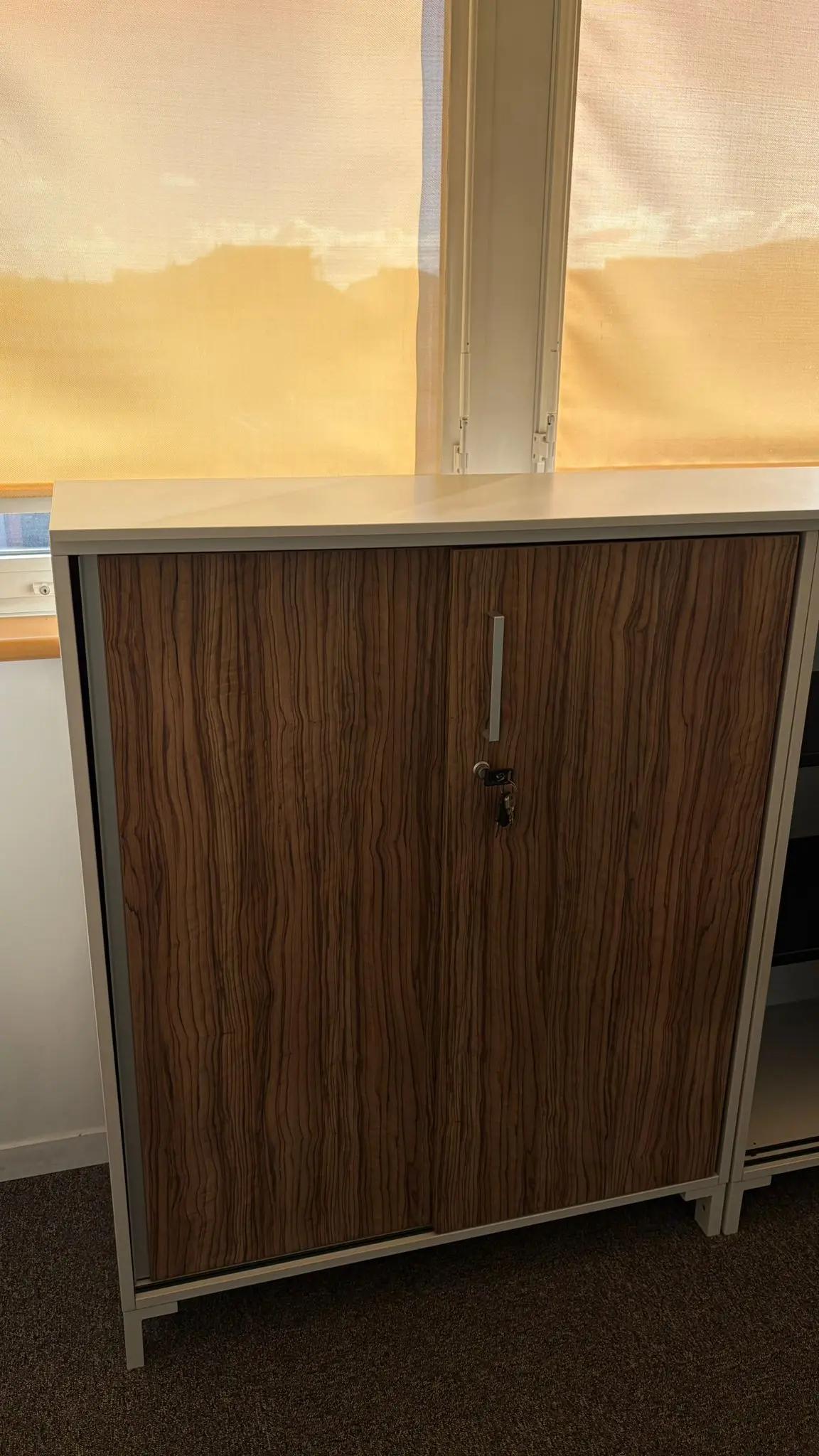 Armoire basse bureau design 124x100 bois & blanc