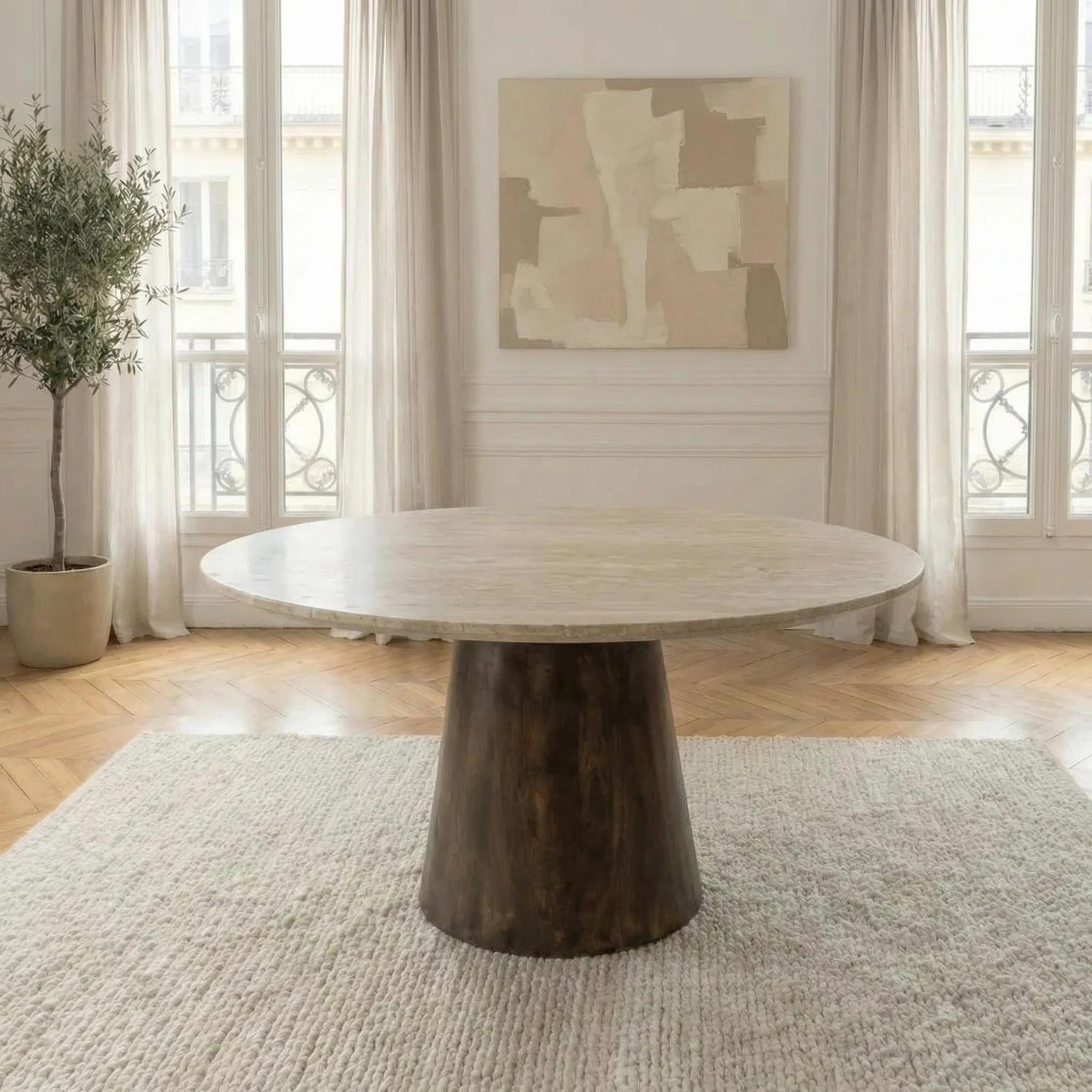 Table à manger ronde AIKIN travertin Ø130 cm – Bois de manguier - vue 1