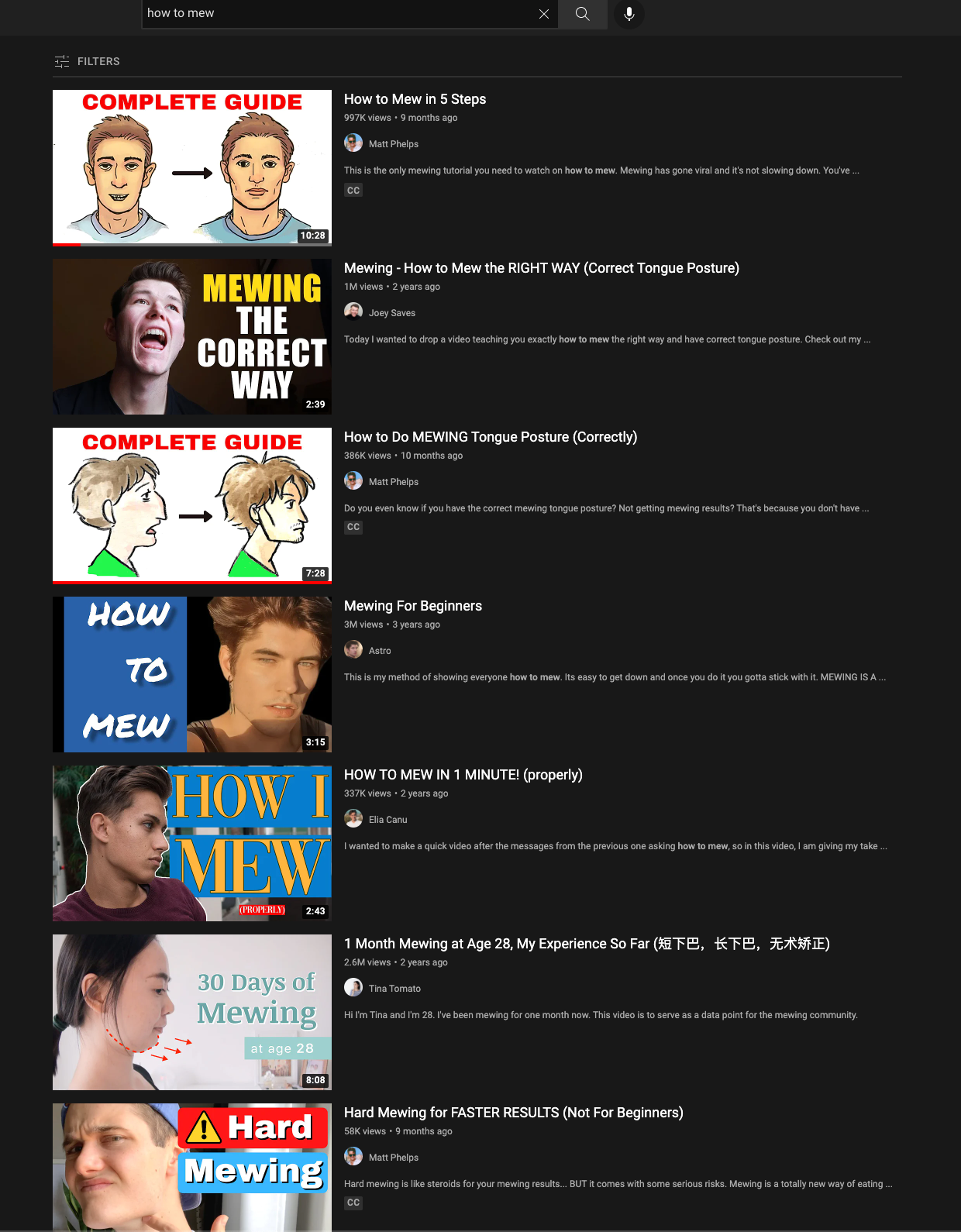YouTube search results screenshot