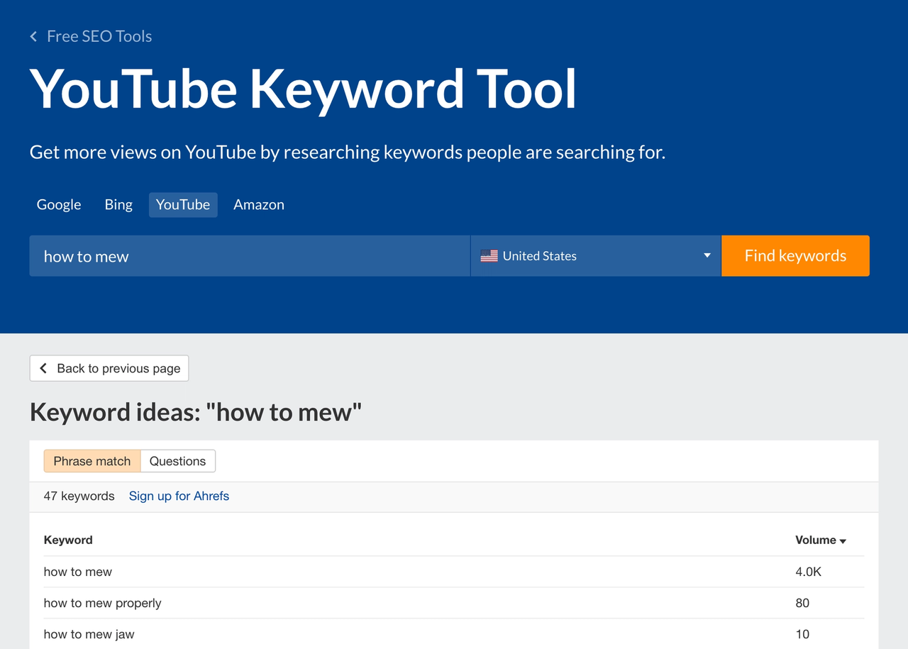 Ahrefs YouTube keyword tool