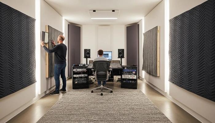 Small audio mixing room with parallel walls and a concrete floor