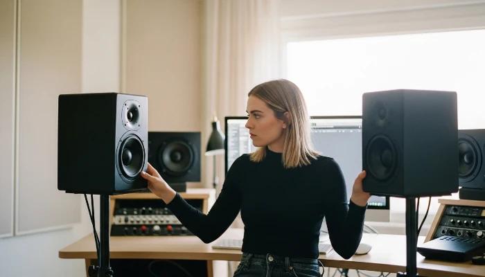 music producer between two audio studio monitors