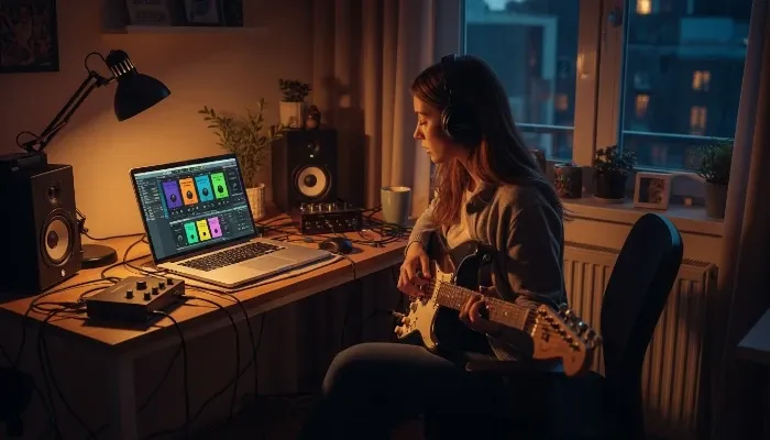 Sarah, a guitarist trying to record an album in her small apartment