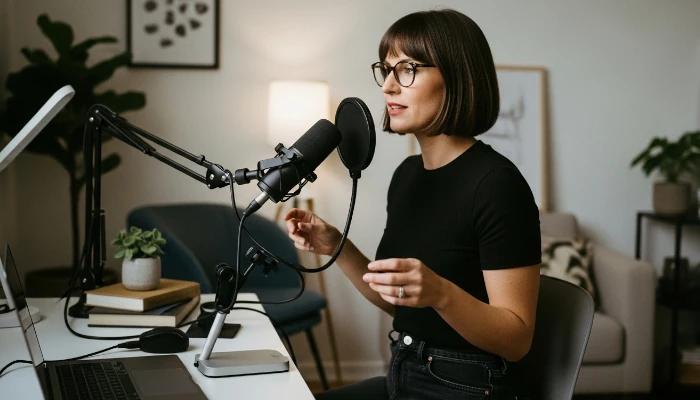 woman recording a podcast from home in her desk