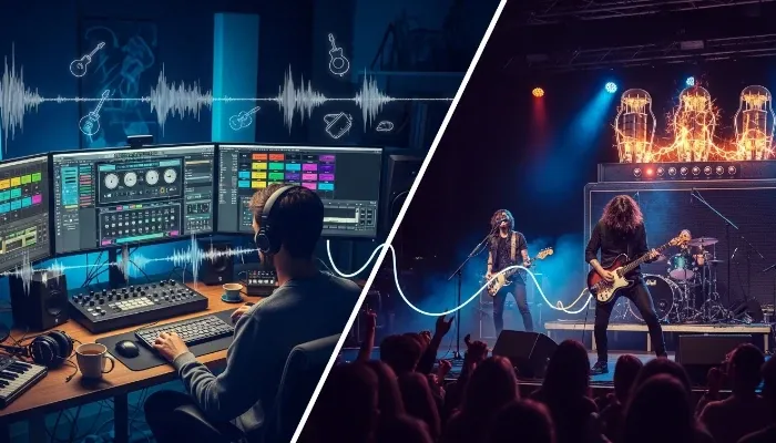 Unleashing high-energy rock riffs through a glowing tube amp on a vibrant stage