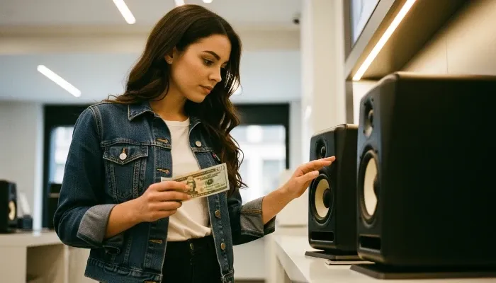 young woman buying low cost audio monitors