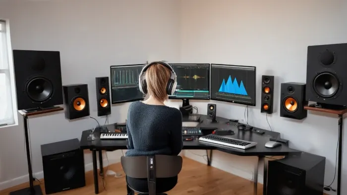 woman sitting at home recording studio