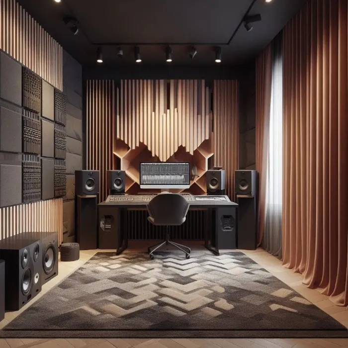 A room with acoustic panels, bass traps, and curtains
