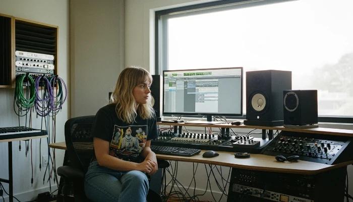 music producer looking at his cheap audio monitors