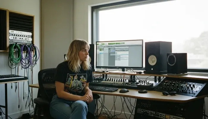 music producer looking at his cheap audio monitors