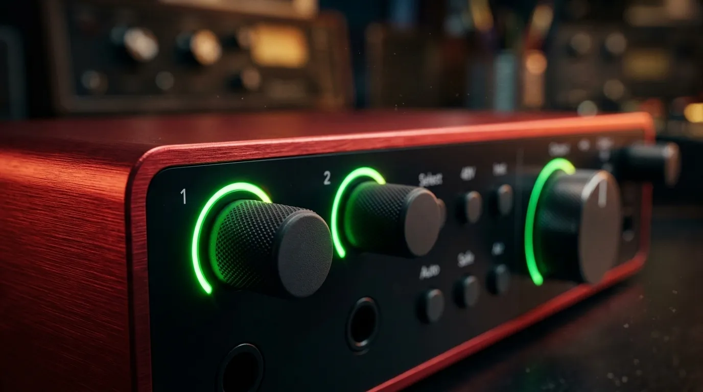 Focusrite Scarlett 2i2 4th Gen brushed aluminum chassis and gain halos macro photography.