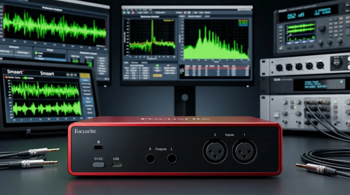Focusrite Scarlett 2i2 4th Gen rear panel connections and studio technical setup.