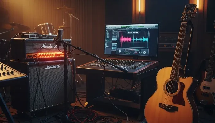 Capturing the raw power of a metal guitar riff and the delicate nuances of an acoustic passage in a vibrant studio setup.