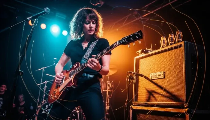 Maria, a guitarist playing in a rock band