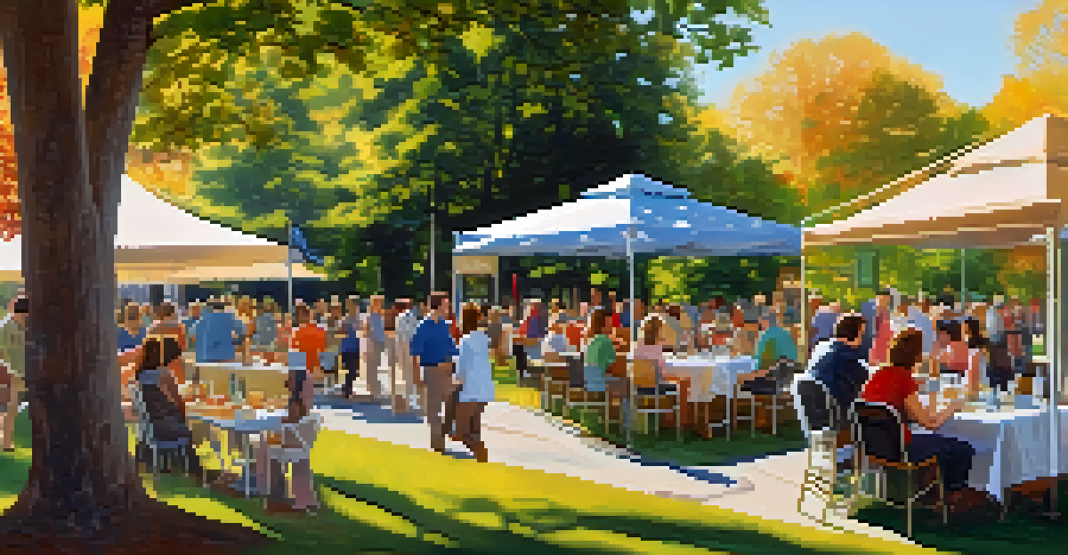 An outdoor networking event in a North Carolina park with small business owners mingling under trees. Colorful banners and refreshments create a cheerful atmosphere.