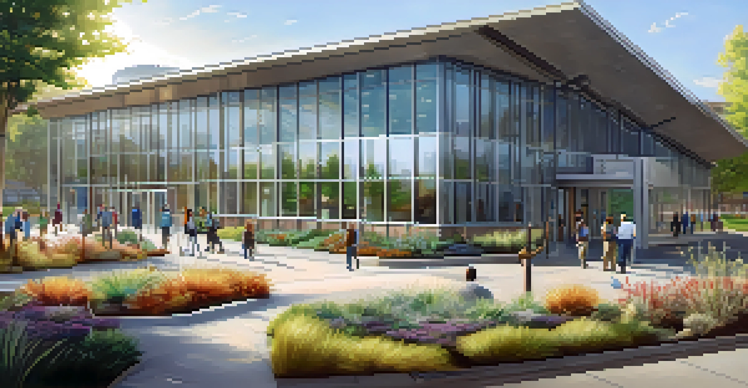 Exterior view of a modern local government office building with a landscaped garden and citizens engaging with the space.