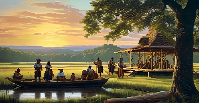 A peaceful early colonial landscape in North Carolina with settlers and indigenous communities interacting under a sunset.