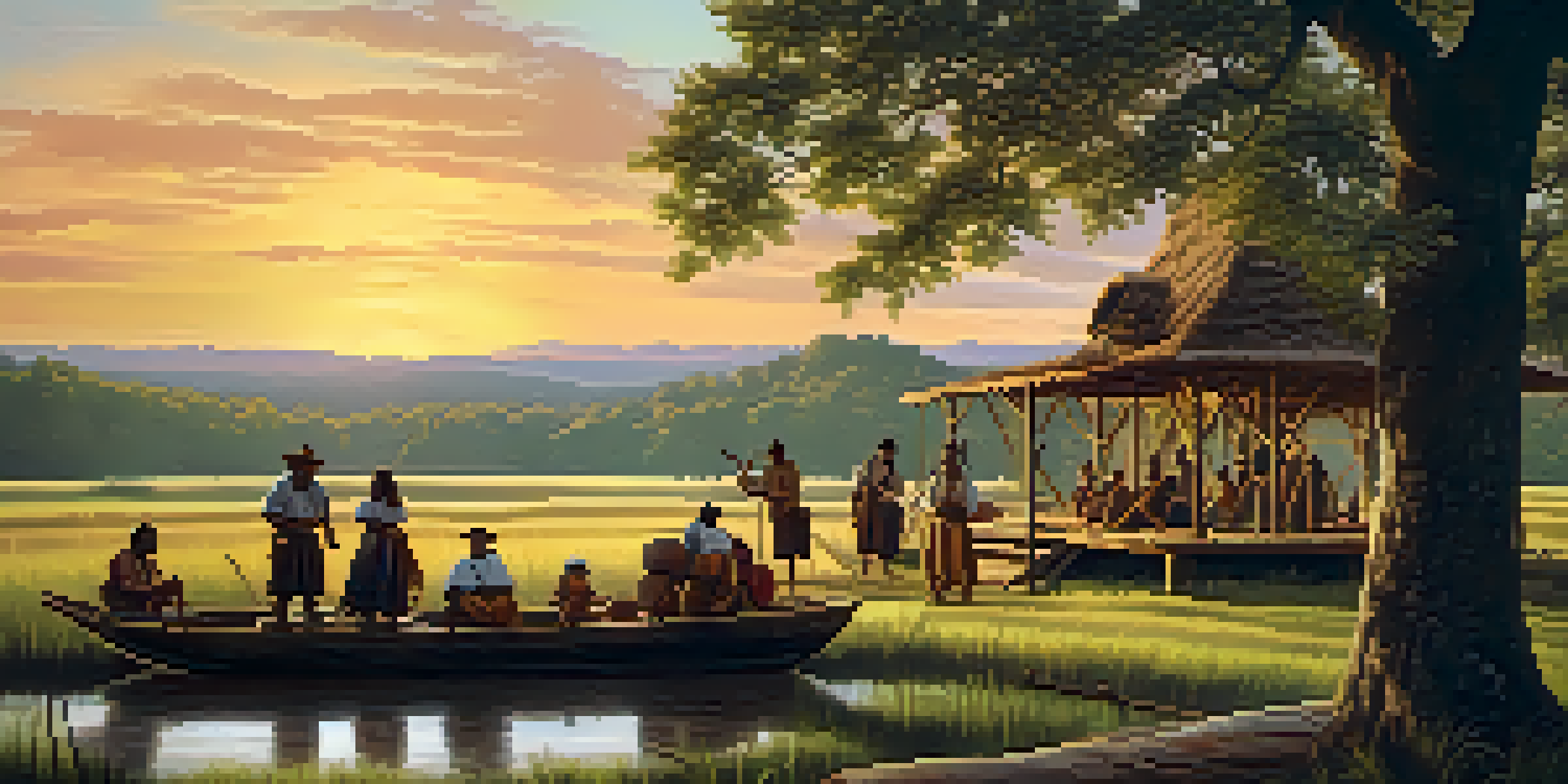 A peaceful early colonial landscape in North Carolina with settlers and indigenous communities interacting under a sunset.
