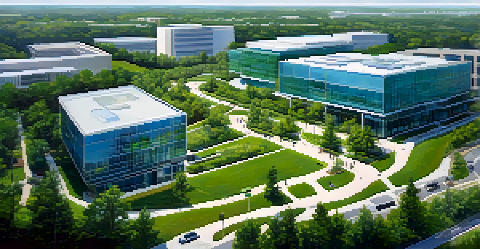 An aerial view of Research Triangle Park showing green spaces and modern tech buildings with people walking and biking.