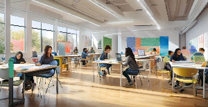 A bright and modern university collaborative learning space with students of various backgrounds working together on design projects, surrounded by colorful materials and technology.