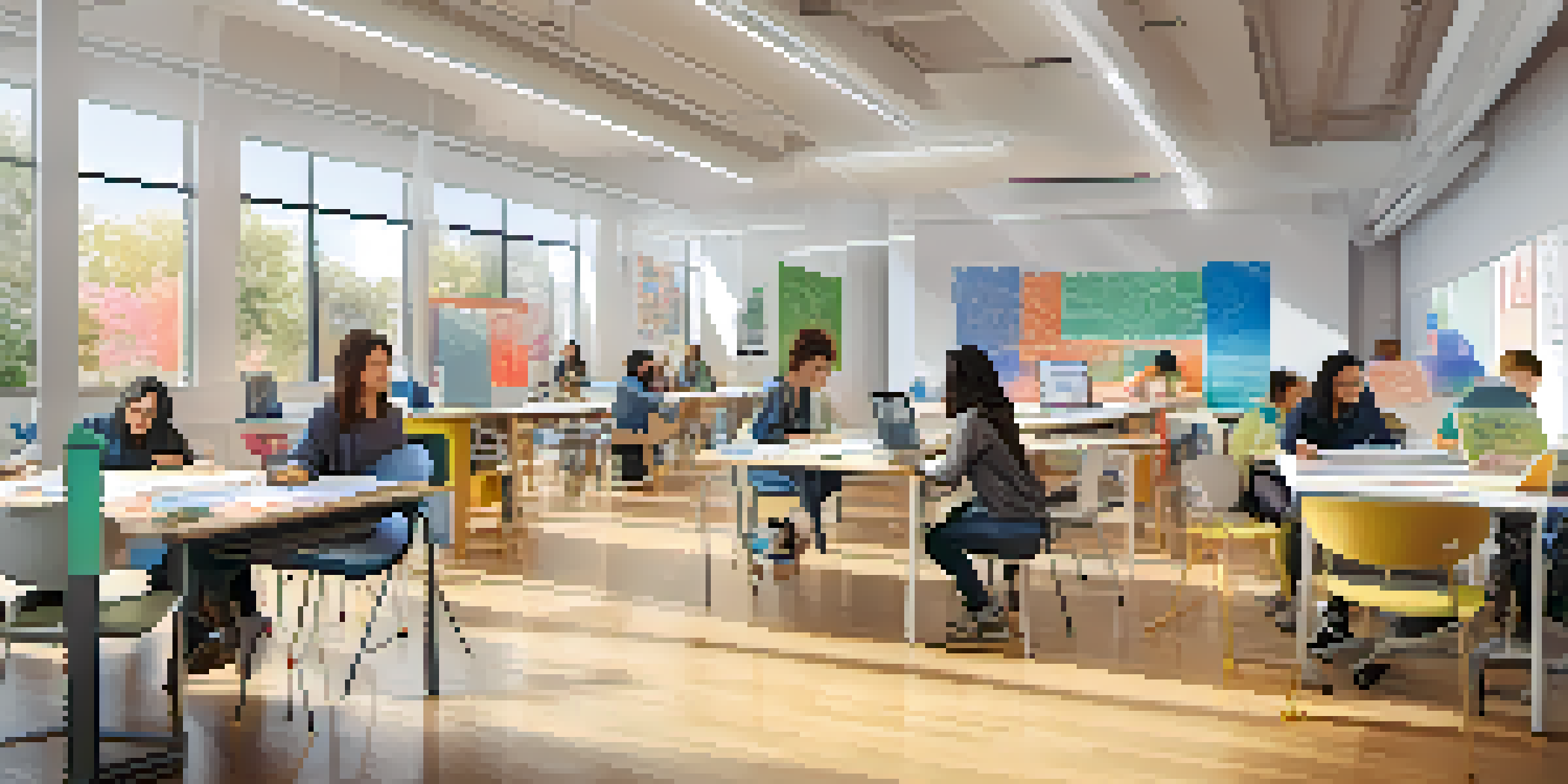 A bright and modern university collaborative learning space with students of various backgrounds working together on design projects, surrounded by colorful materials and technology.