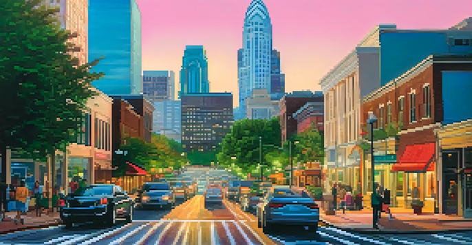 A vibrant sunset over a busy urban street in Charlotte, with diverse people walking and green trees lining the sidewalk.