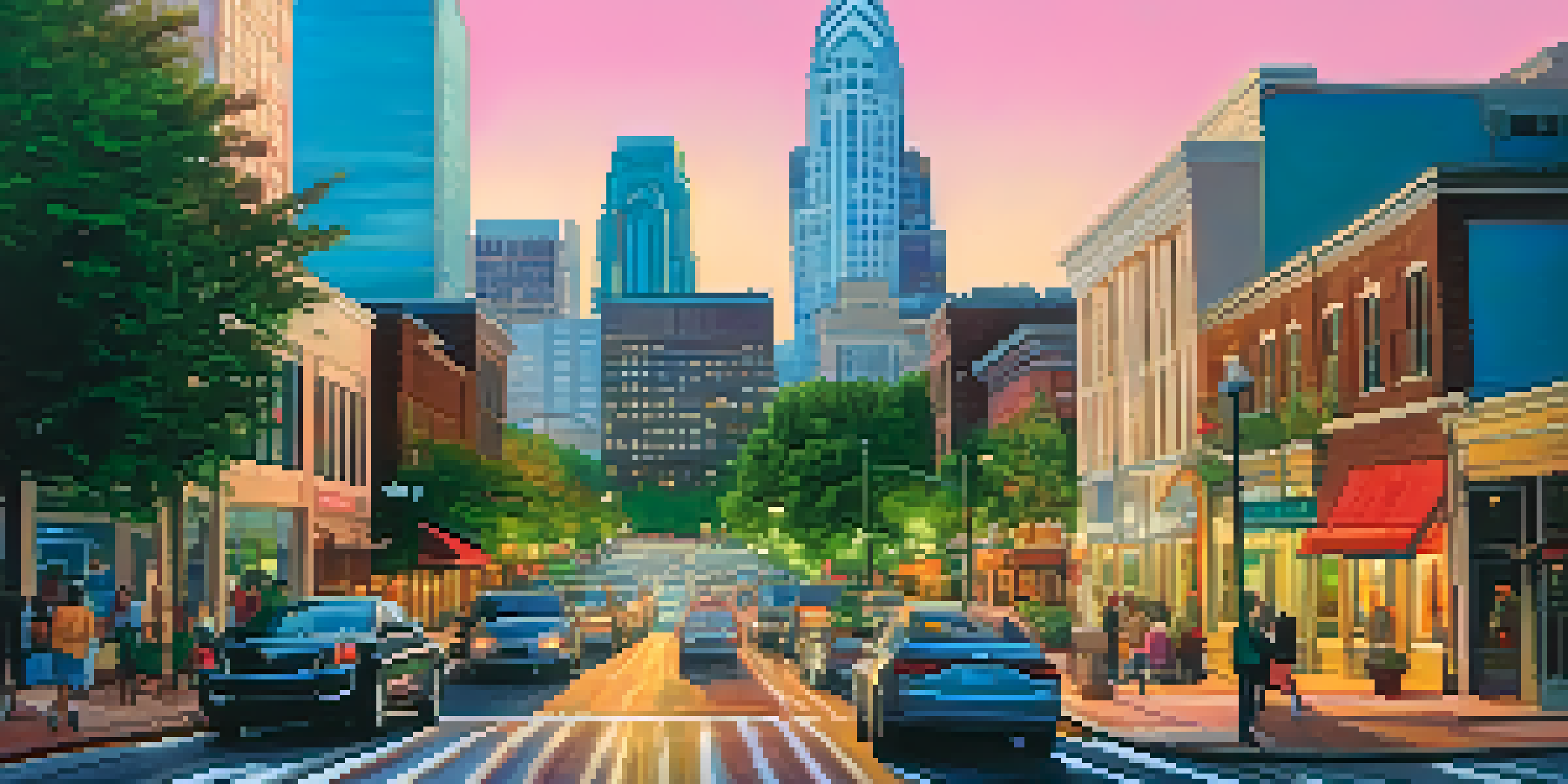 A vibrant sunset over a busy urban street in Charlotte, with diverse people walking and green trees lining the sidewalk.