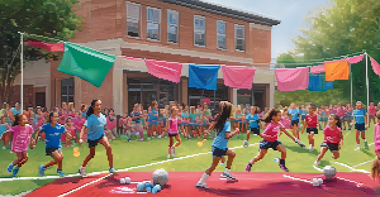 Young girls participating in a youth sports clinic, practicing soccer drills with coaches, surrounded by colorful banners and supportive parents cheering in the background.
