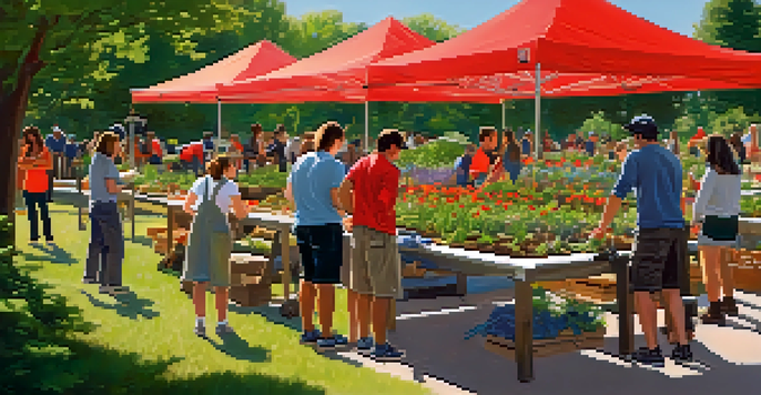 A diverse group of NC State University students engaged in a gardening project in a sunny park, promoting community collaboration.
