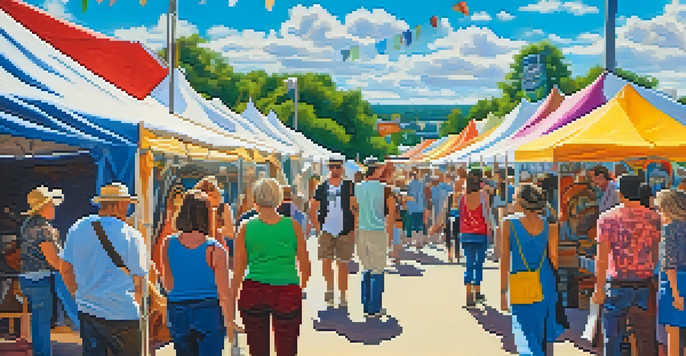 A lively outdoor art festival with colorful tents displaying local artworks and attendees enjoying the atmosphere.