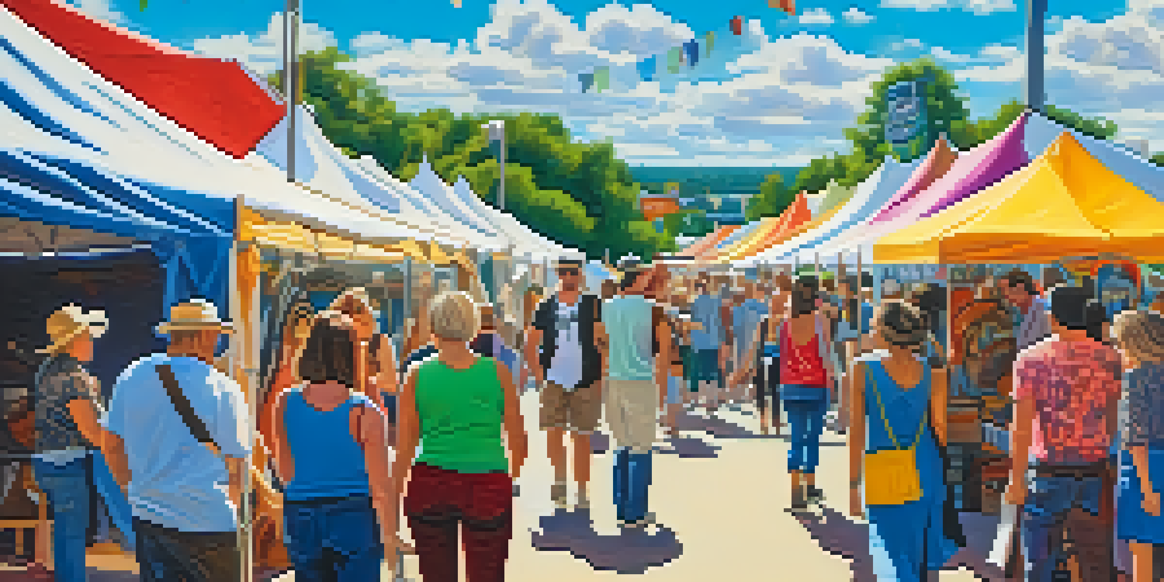 A lively outdoor art festival with colorful tents displaying local artworks and attendees enjoying the atmosphere.