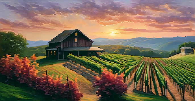A scenic landscape of vineyards in North Carolina's Yadkin Valley during sunset, with a rustic winery building and rolling hills.