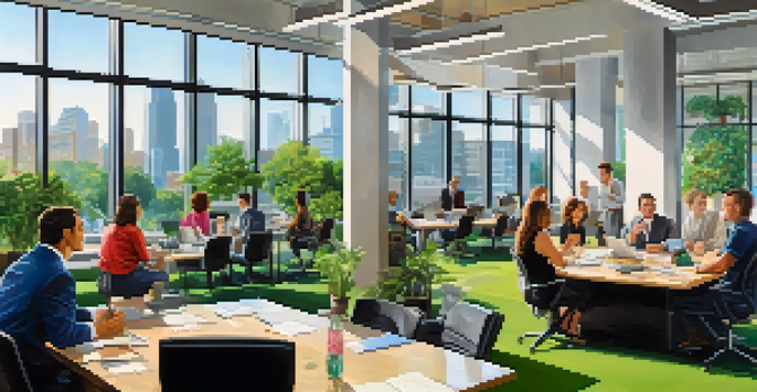 A modern office space in North Carolina with diverse entrepreneurs collaborating. Natural light, colorful artwork, and green plants create an inviting atmosphere.