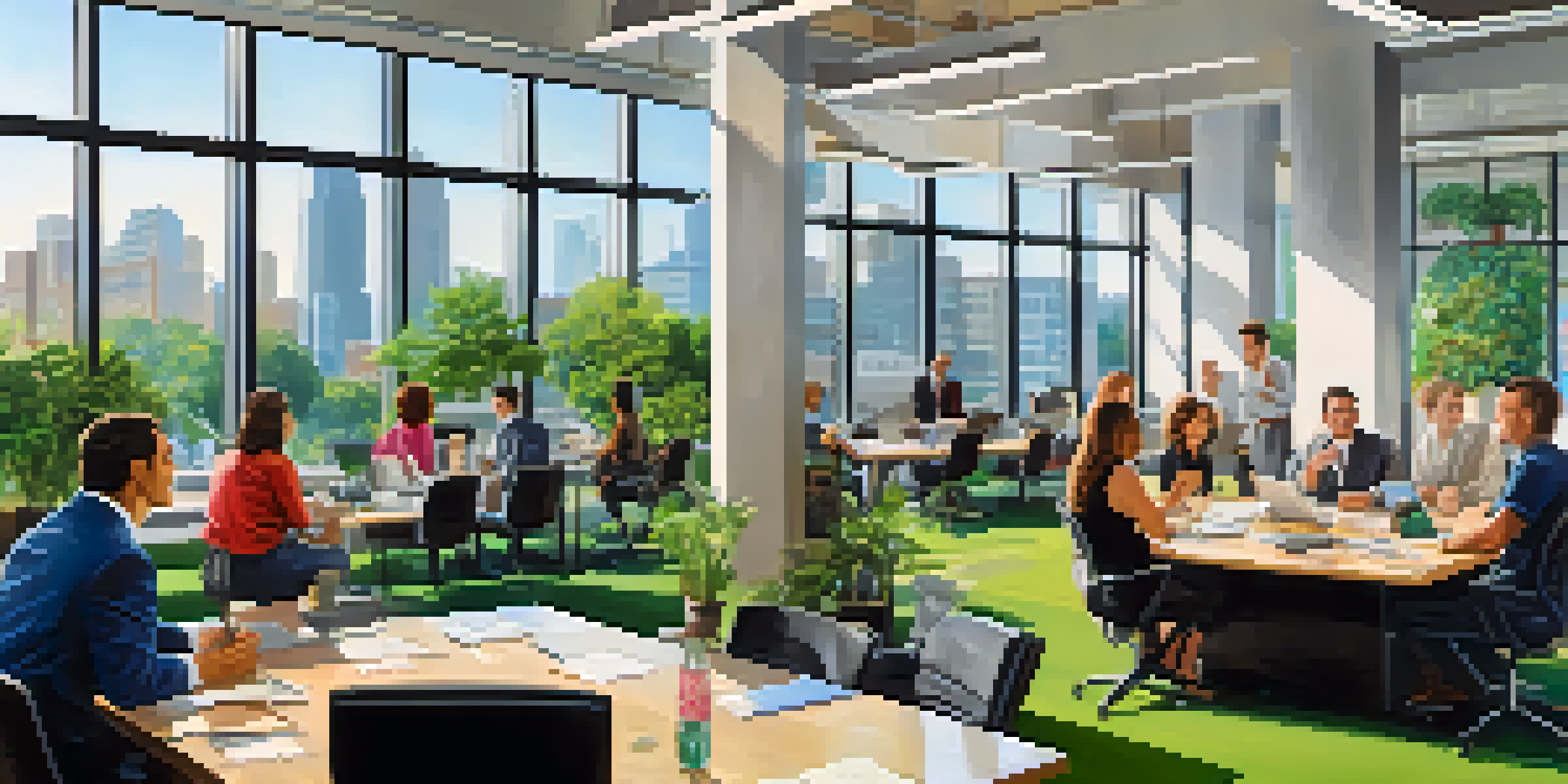 A modern office space in North Carolina with diverse entrepreneurs collaborating. Natural light, colorful artwork, and green plants create an inviting atmosphere.