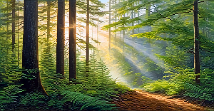 A peaceful North Carolina forest at sunrise, with sunlight shining through trees and mist in the air.