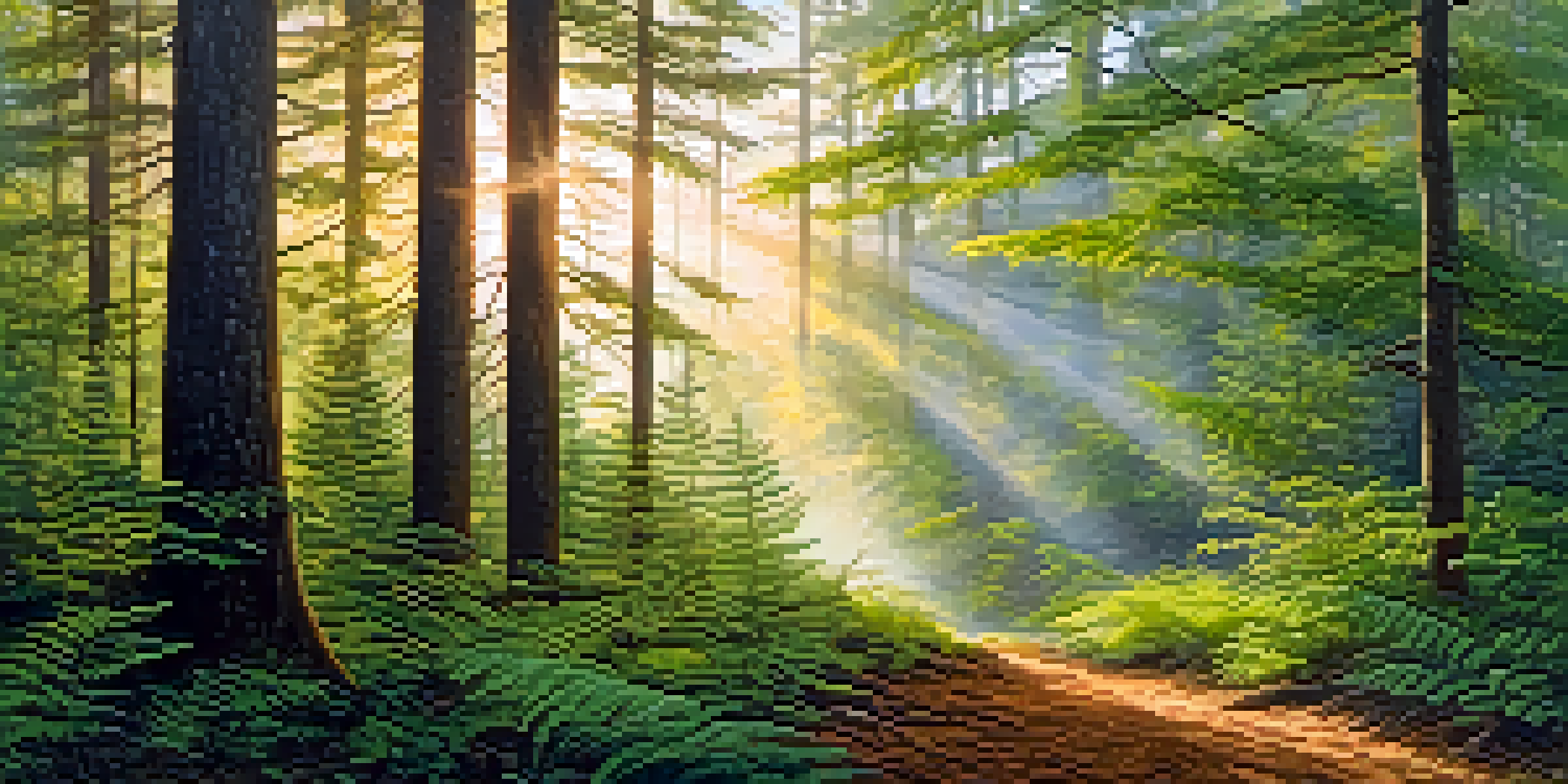A peaceful North Carolina forest at sunrise, with sunlight shining through trees and mist in the air.