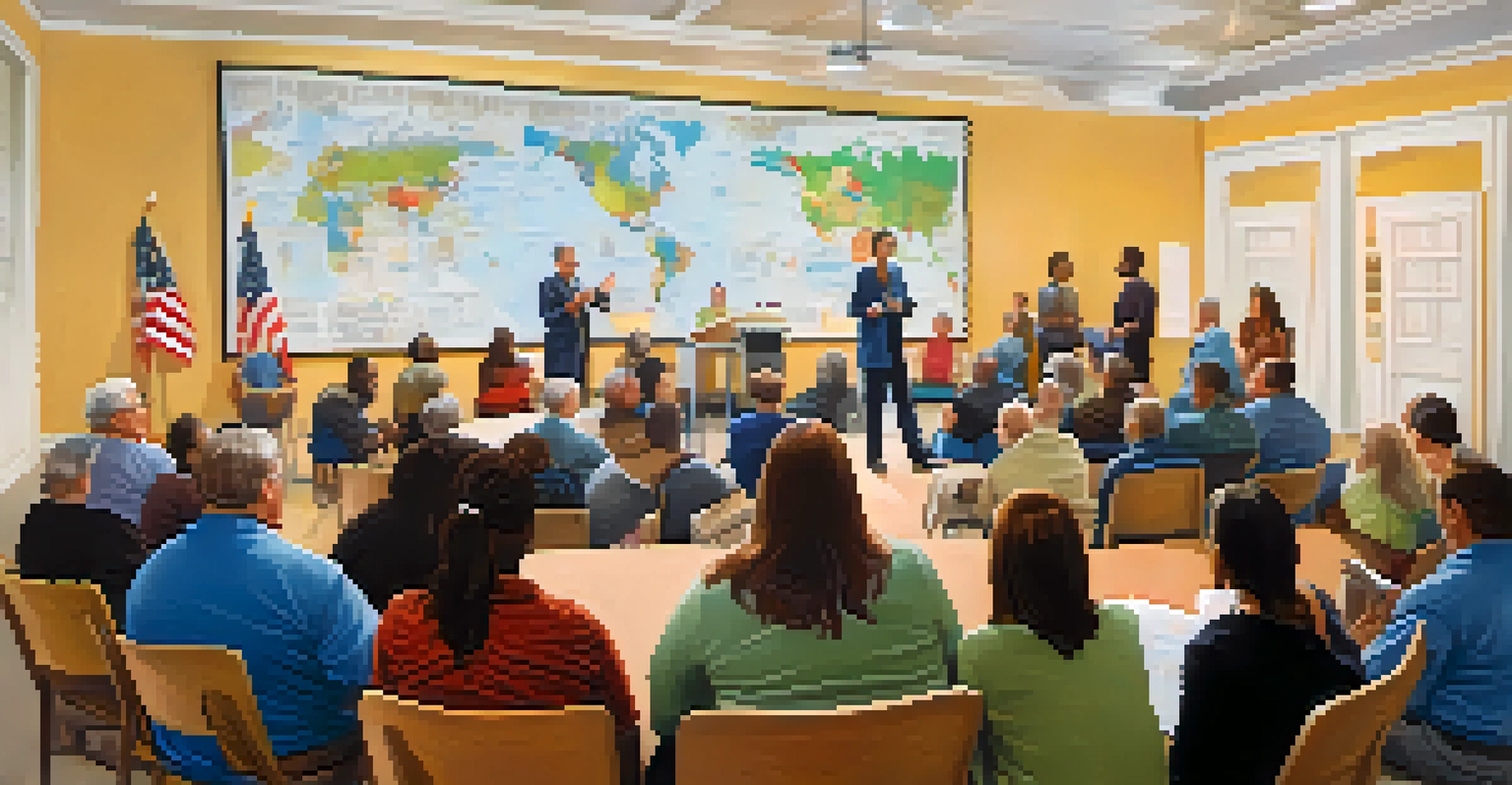 A community meeting in a North Carolina town hall with diverse residents engaged in discussion, surrounded by a warm atmosphere and a community map.