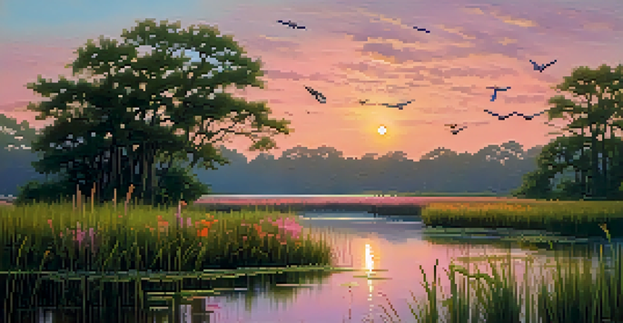 A peaceful wetland scene in North Carolina during sunset, showcasing green marshes, colorful wildflowers, and birds.