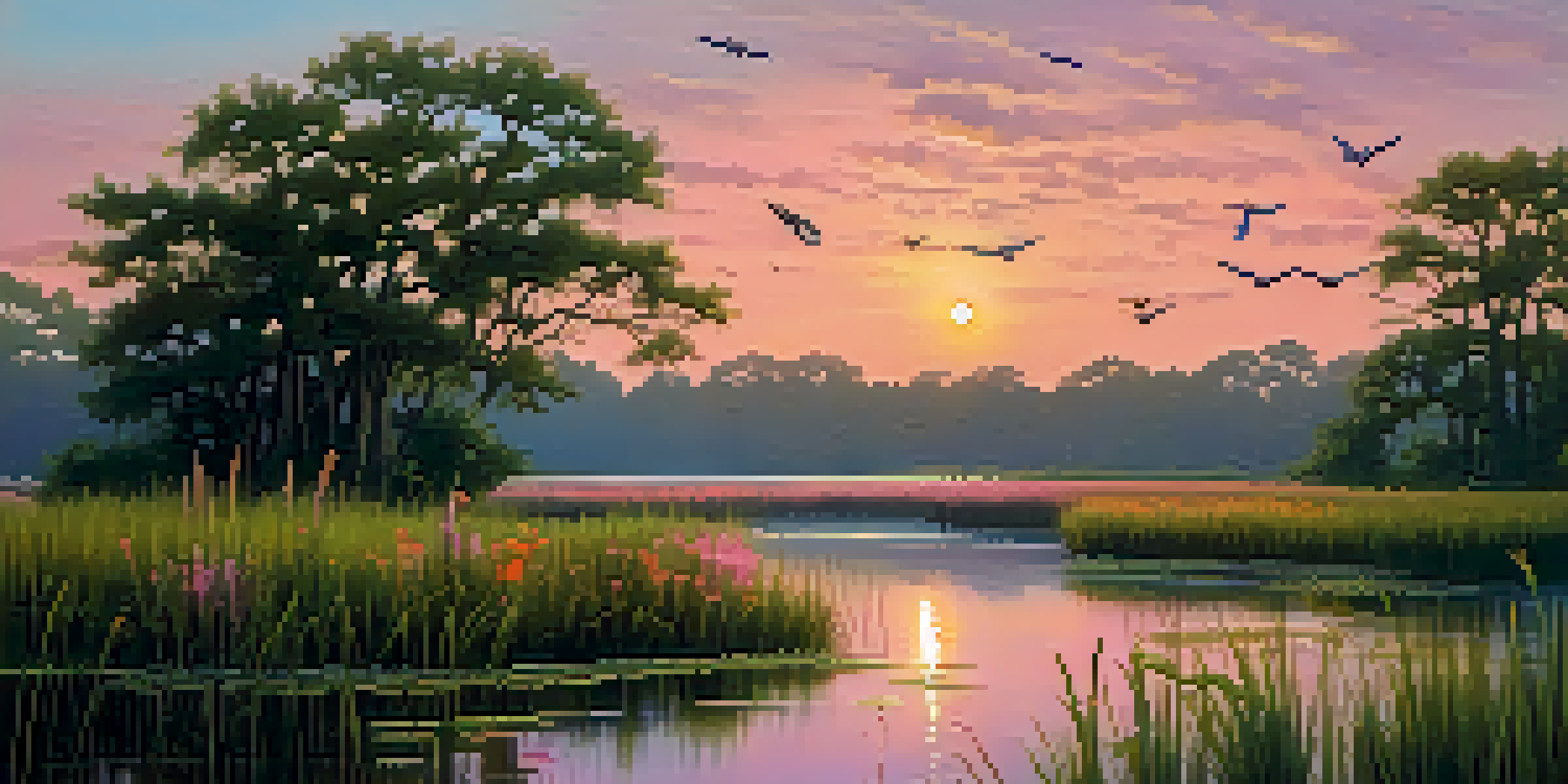 A peaceful wetland scene in North Carolina during sunset, showcasing green marshes, colorful wildflowers, and birds.