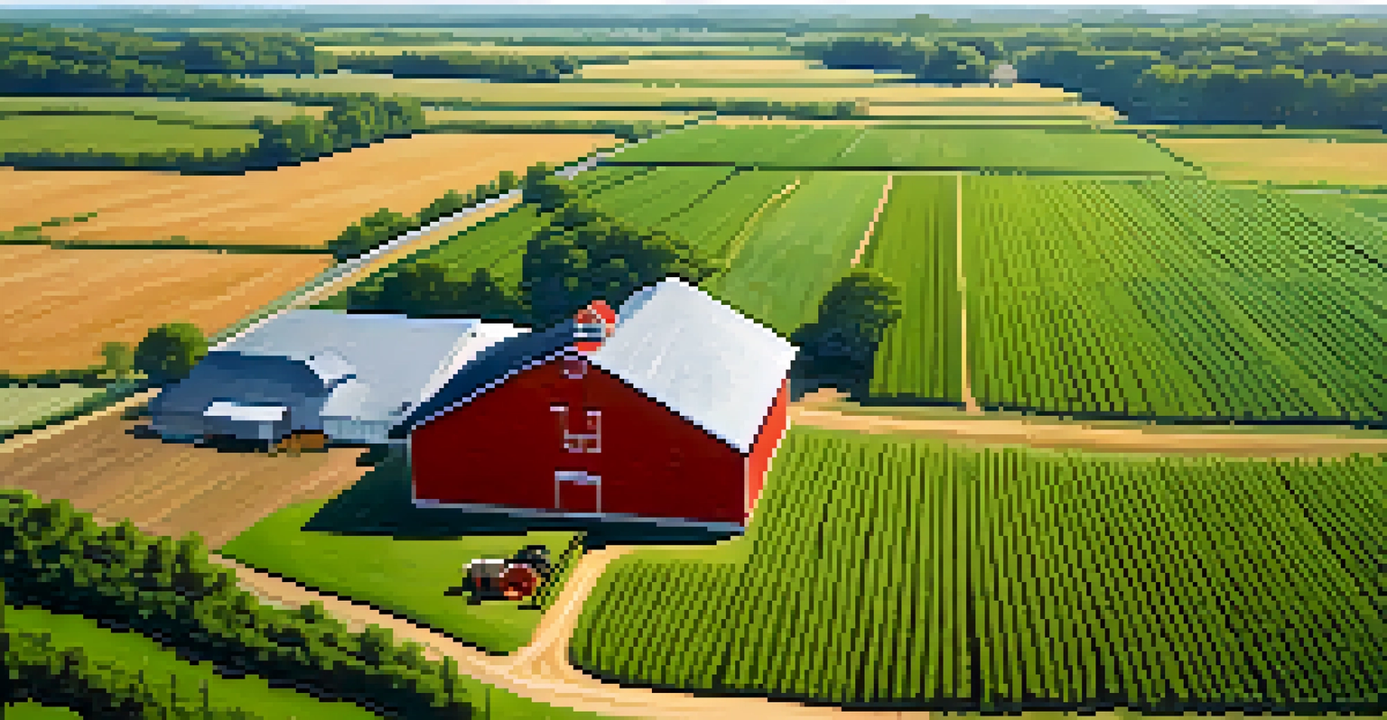 An aerial view of a North Carolina farm with green crops, a red barn, grazing cows, and a dirt path under a clear blue sky.