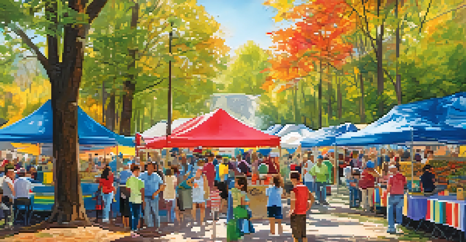 A community event in a North Carolina park with families enjoying activities and local vendor food under a blue sky.