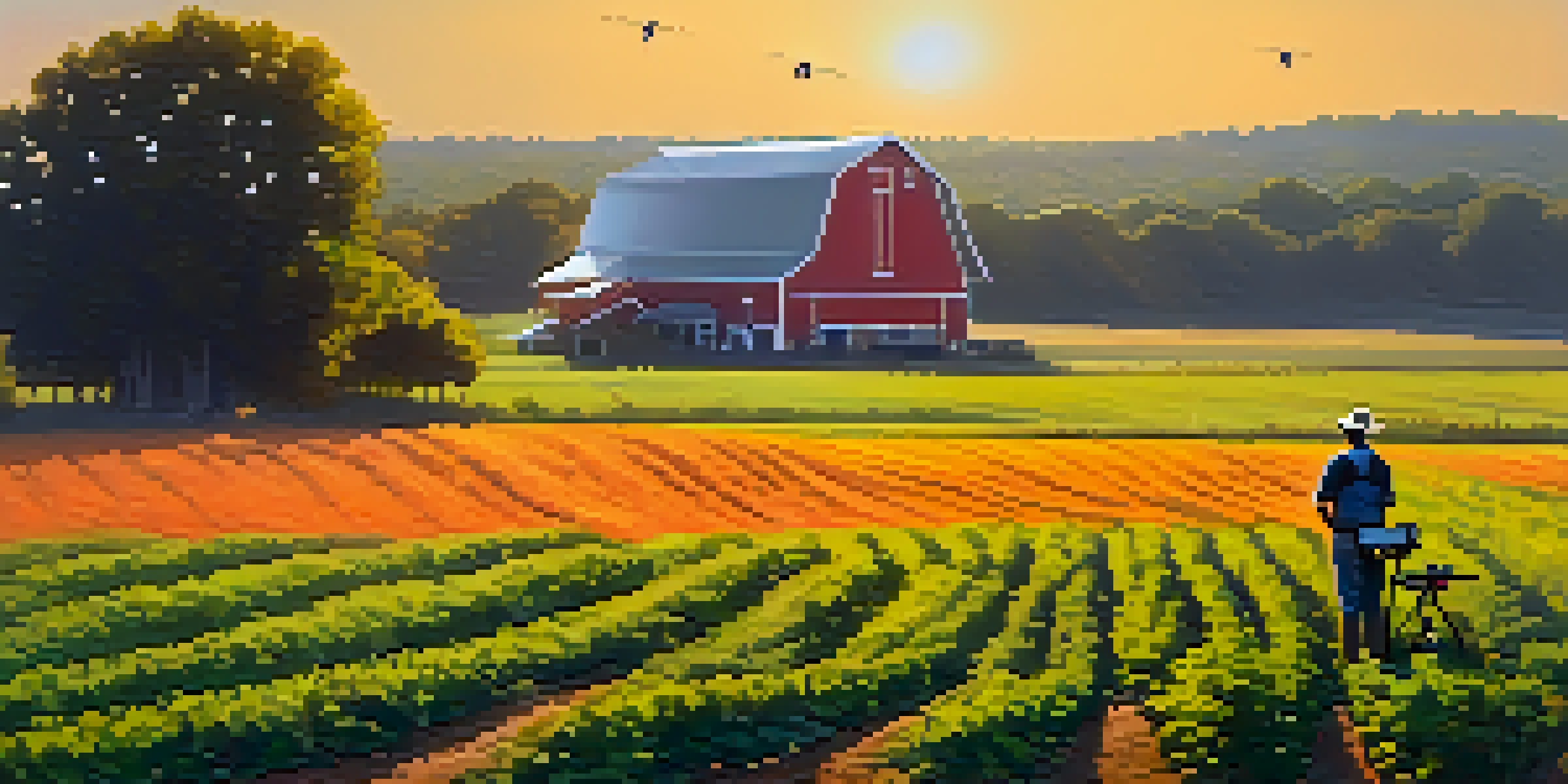 A farmer using a drone over a lush green North Carolina farm at sunrise, with colorful crops and a barn in the background.