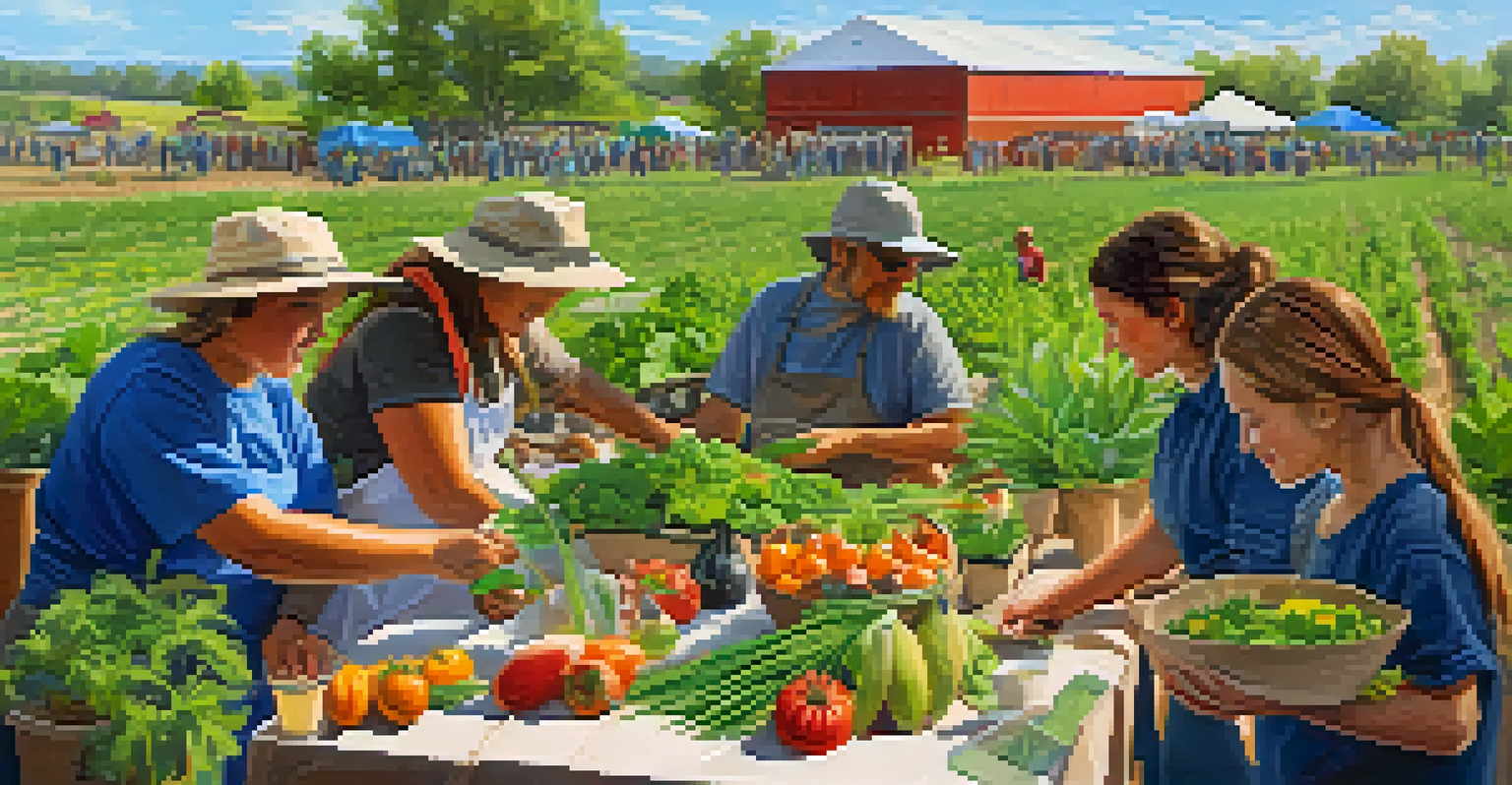 Students collaborating with local farmers at an outdoor workshop, demonstrating sustainable farming practices with crops and tools displayed on tables.