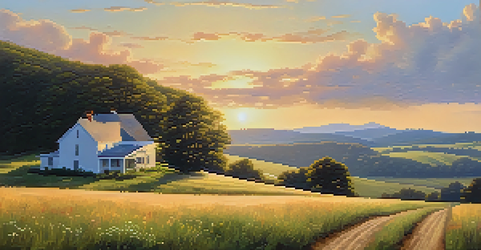 A peaceful rural landscape in North Carolina featuring rolling hills, a farmhouse, and wildflowers under a sunset sky.